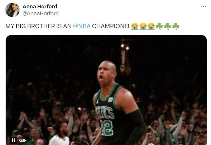 恭喜发消息！霍福德妹妹发推：我哥哥现在是NBA总冠军