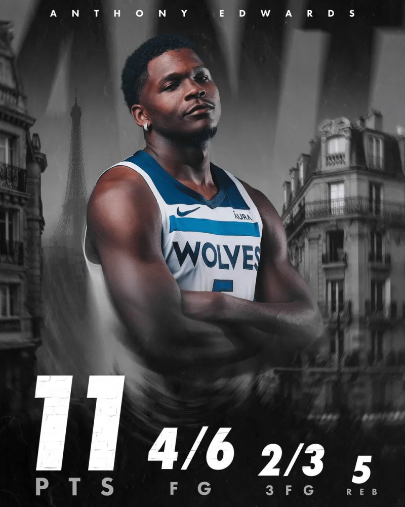 森林狼队公布了爱德华兹本场比赛的数据 并配文：这是AE在奥运会首秀中的表现