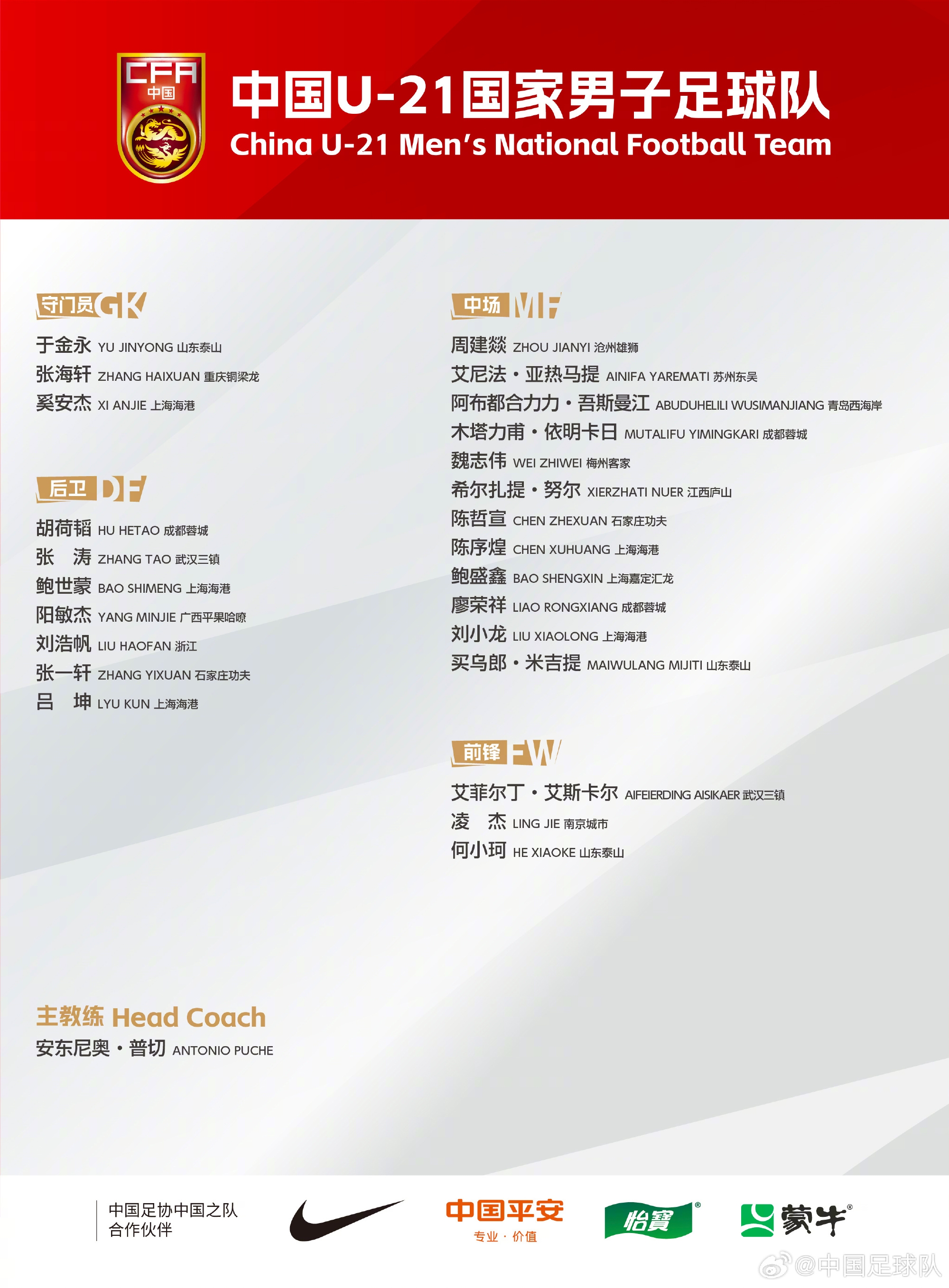 官方:U21国足本期集训补招栾毅、吴启鹏、如斯兰-玛木提